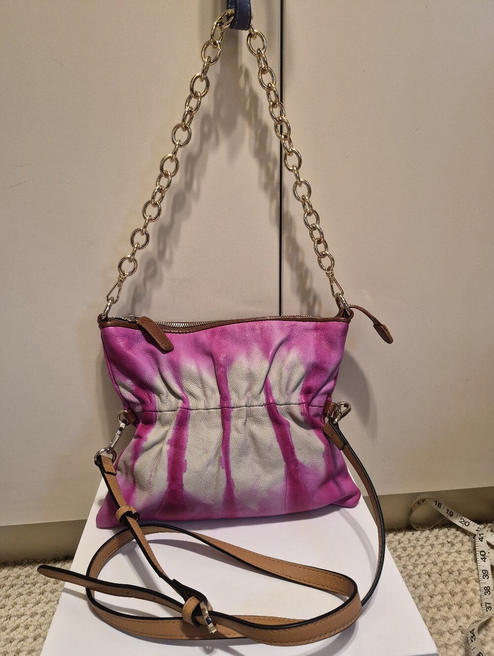 Monserat De Lucca Fuchsia/White Ombre Tie-Dye Leather Crossbody Bag/Chain $275